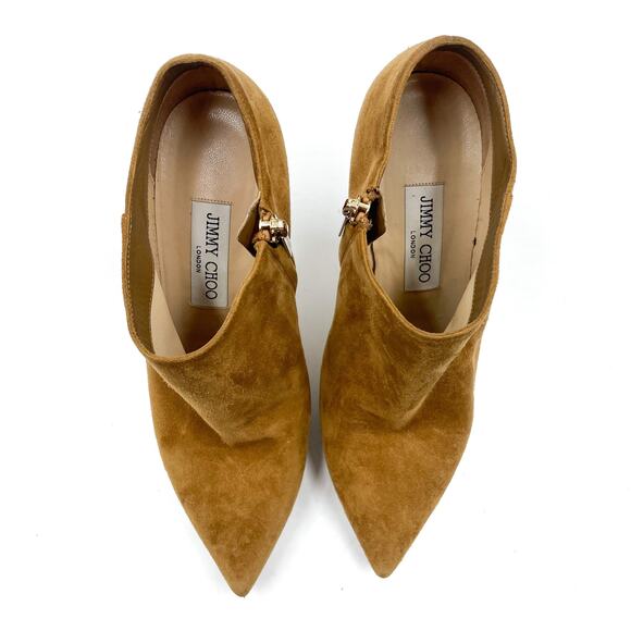 Jimmy Choo Lindsey Booties Suede Ankle Tan Stiletto Heels Pointed Toe Sz 38 / 8 - Picture 5 of 12